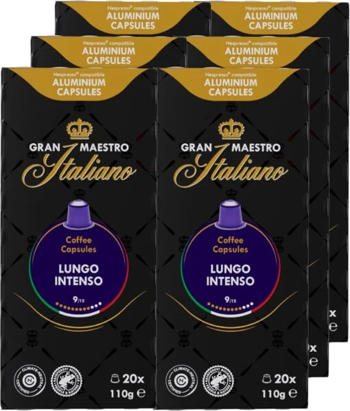 Gran Maestro Italiano - Lungo Intenso - Koffiecups - Nespresso Compatibel Capsules - Krachtige Smaak - 6 X 20 Cups -Koffiebenodigdheden Winkel 1024x1200 1