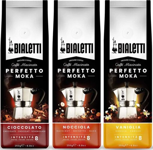 Bialetti Perfetto Moka Gemalen Koffie Smaken Proefpakket - 3 X 250 Gram - Cioccolato, Nocciola En Vaniglia -Koffiebenodigdheden Winkel