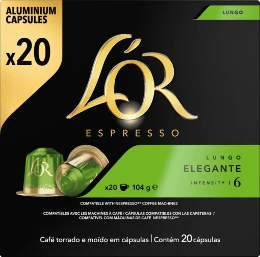 L'OR Lungo Elegante Koffiecups - Intensiteit 6/12 - 10 X 20 Capsules -Koffiebenodigdheden Winkel 1200x1187 1