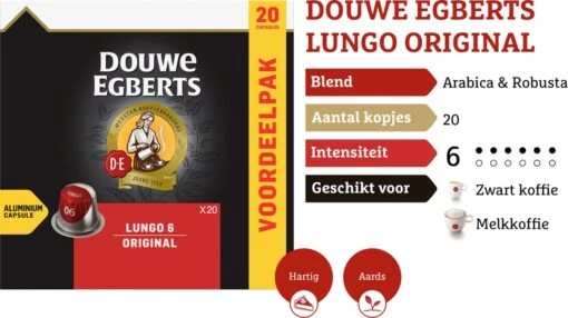 Douwe Egberts Lungo Original Koffiecups - Intensiteit 6/12 - 10 X 20 Capsules -Koffiebenodigdheden Winkel