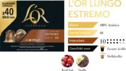 L'OR Lungo Estremo Koffiecups - Intensiteit 10/12 - 4 X 40 Capsules -Koffiebenodigdheden Winkel 1200x676