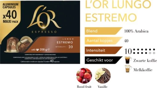 L'OR Lungo Estremo Koffiecups - Intensiteit 10/12 - 4 X 40 Capsules -Koffiebenodigdheden Winkel