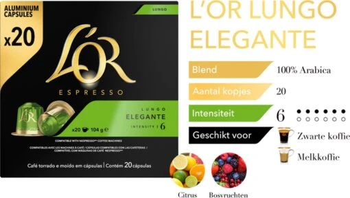 L'OR Lungo Elegante Koffiecups - Intensiteit 6/12 - 10 X 20 Capsules -Koffiebenodigdheden Winkel