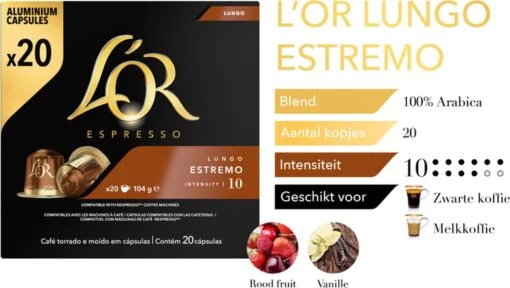 L'OR Lungo Estremo (10) - 10 X 20 Koffiecups -Koffiebenodigdheden Winkel 1200x678 2