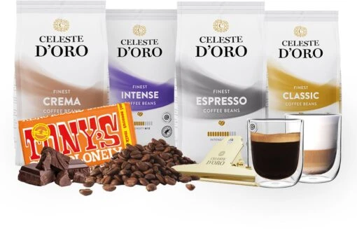 Celeste D’Oro - Koffiebonen Proefpakket - Koffie Cadeaupakket - 4 Soorten Koffie, Chocolade, Gouden Clip En Glazen (260 Ml) – 4 X 250g -Koffiebenodigdheden Winkel