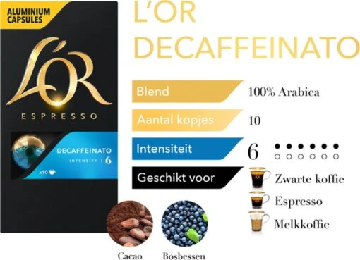 L'OR Espresso Decaffeinato Koffiecups - Intensiteit 6/12 - 10 X 10 Capsules -Koffiebenodigdheden Winkel