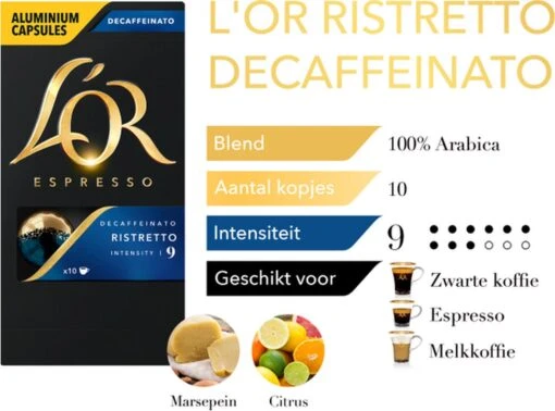 L'OR Espresso Ristretto Decaffeinato - Intensiteit 9/12 - 10 X 10 Capsules -Koffiebenodigdheden Winkel 1200x889 4