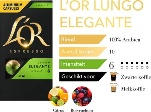 L'OR Lungo Elegante Koffiecups - Intensiteit 6/12 - 10 X 10 Capsules -Koffiebenodigdheden Winkel