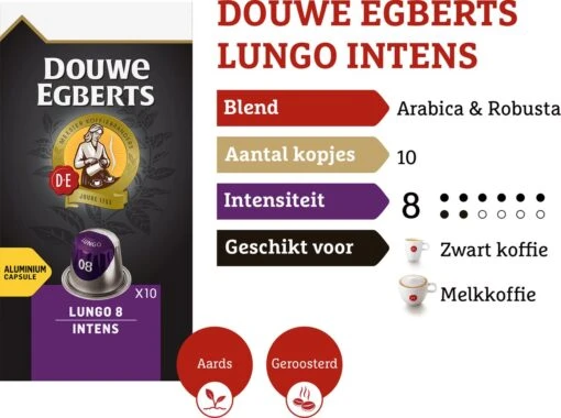 Douwe Egberts Lungo Intens Koffiecups - Intensiteit 8/12 - 10 X 10 Capsules -Koffiebenodigdheden Winkel