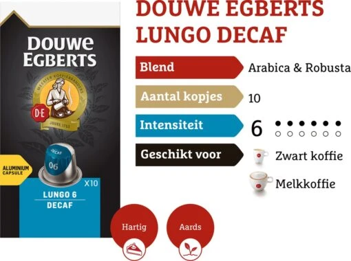 Douwe Egberts Lungo Decaf Koffiecups - Intensiteit 6/12 - 10 X 10 Capsules -Koffiebenodigdheden Winkel