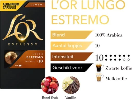 L'OR Lungo Estremo Koffiecups - Intensiteit 10/12 - 10 X 10 Capsules -Koffiebenodigdheden Winkel