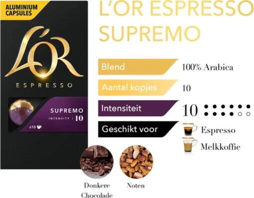 L'OR Espresso Supremo Koffiecups - Intensiteit 10/12 - 10 X 10 Capsules -Koffiebenodigdheden Winkel