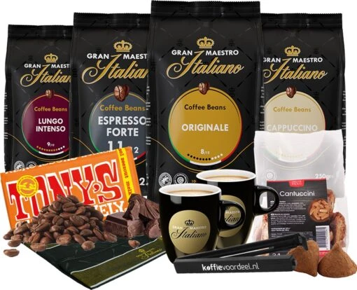 Gran Maestro Italiano - Koffiebonen Proefpakket - Koffie Cadeaupakket - 4 Soorten Koffie, Tony's Chocolonely Karamel Zeezout, Cantuccini Koekjes En Bekers -Koffiebenodigdheden Winkel