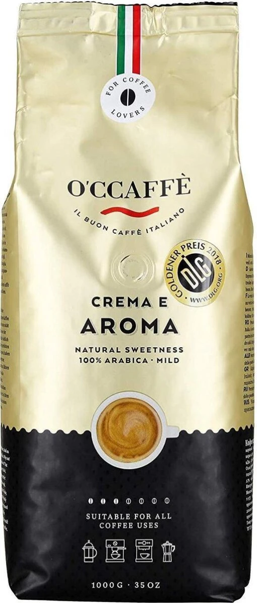 O'ccaffè - Crema E Aroma Premium Italiaanse Koffiebonen 100% Arabica | 1 Kg | Barista Kwaliteit -Koffiebenodigdheden Winkel