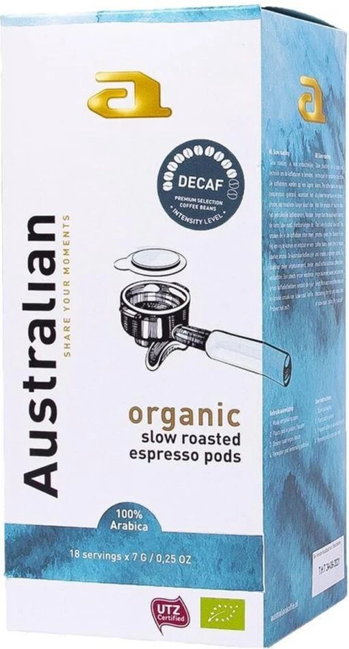 Australian Espresso Pods Decaf -4 X 18 Stuks- UTZ Organic -Koffiebenodigdheden Winkel 646x1200 1