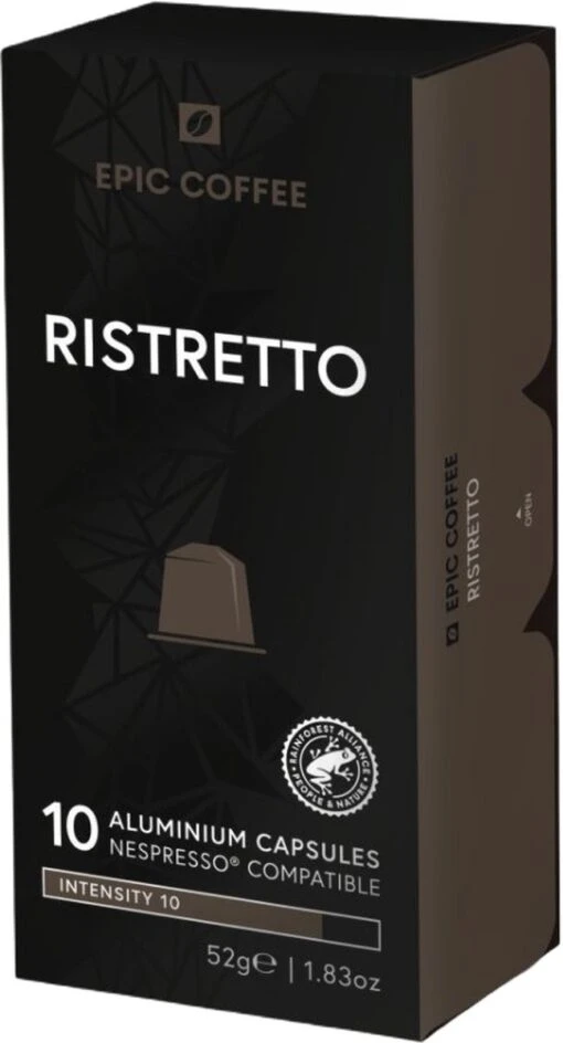 100 Capsules Epic Coffee - Ristretto - Nespresso® Compatible Aluminium Capsules - RFA Keurmerk - Doos 100 Stuks -Koffiebenodigdheden Winkel