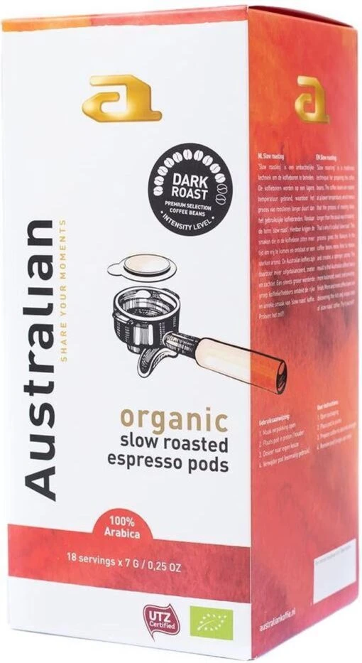 Australian Espresso Pods Dark Roast -4 X 18 Stuks- UTZ Organic -Koffiebenodigdheden Winkel 656x1200 4