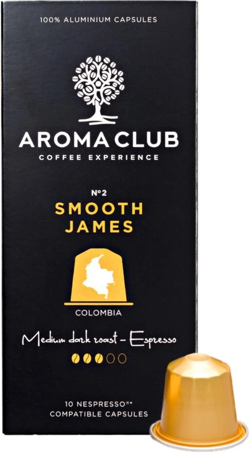 Aroma Club - Nespresso Compatible Capsules (120 St.) - No. 2 Smooth James - Intensiteit 3/5 - Espresso & Lungo - 100% Aluminium Koffiecups -Koffiebenodigdheden Winkel 661x1200 1