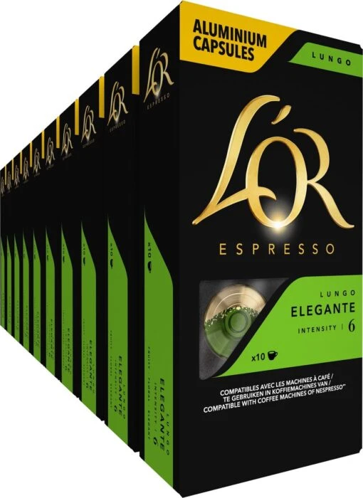 L'OR Lungo Elegante Koffiecups - Intensiteit 6/12 - 10 X 10 Capsules -Koffiebenodigdheden Winkel