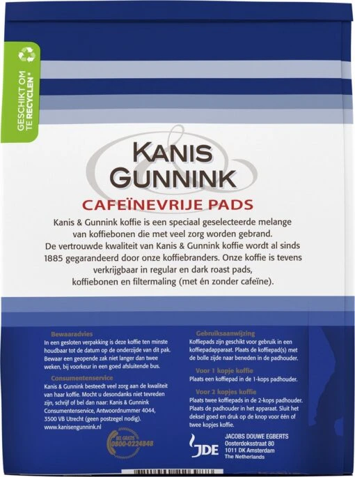 Kanis & Gunnink Cafeïnevrij Koffiepads - 10 X 36 Pads -Koffiebenodigdheden Winkel